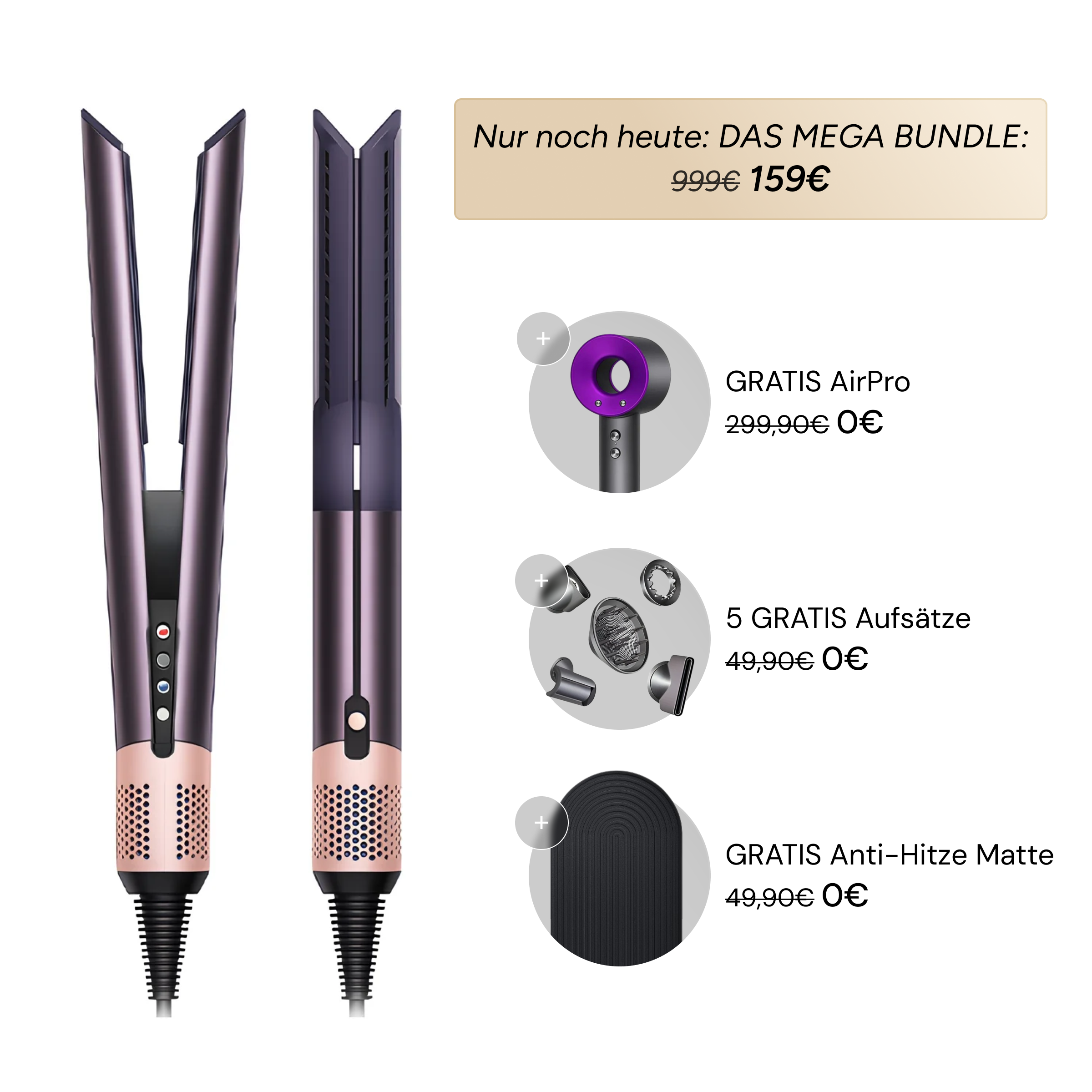 AirStraight Glättungsstyler in Blau mit AirPro Föhn, violettem Stylingaufsatz und allen fünf Stylingaufsätzen
