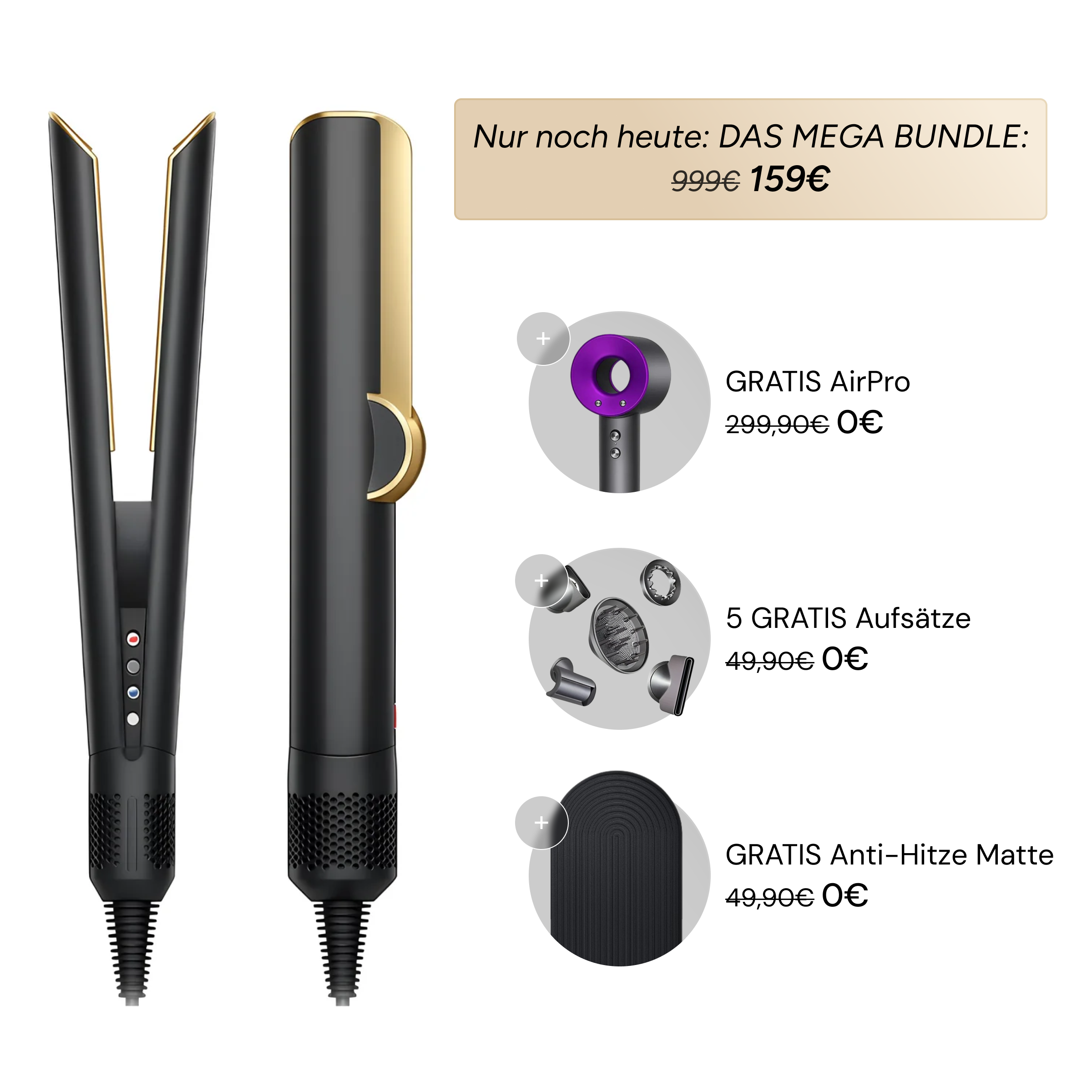 AirStraight Glättungsstyler in Roségold mit AirPro Föhn, violettem Stylingaufsatz und allen fünf Stylingaufsätzen