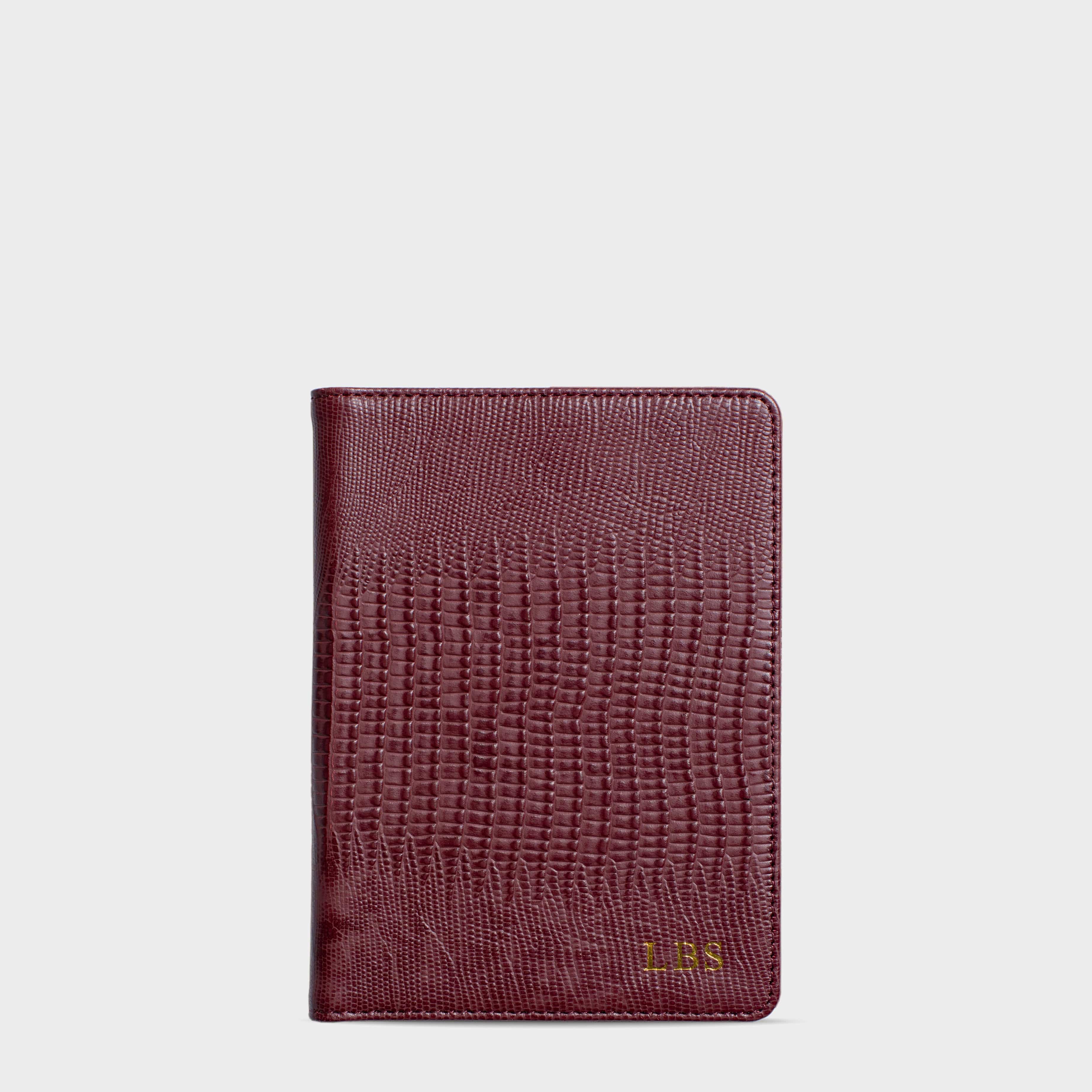 Burgundy Lizard Leather Personalized Passport Holder