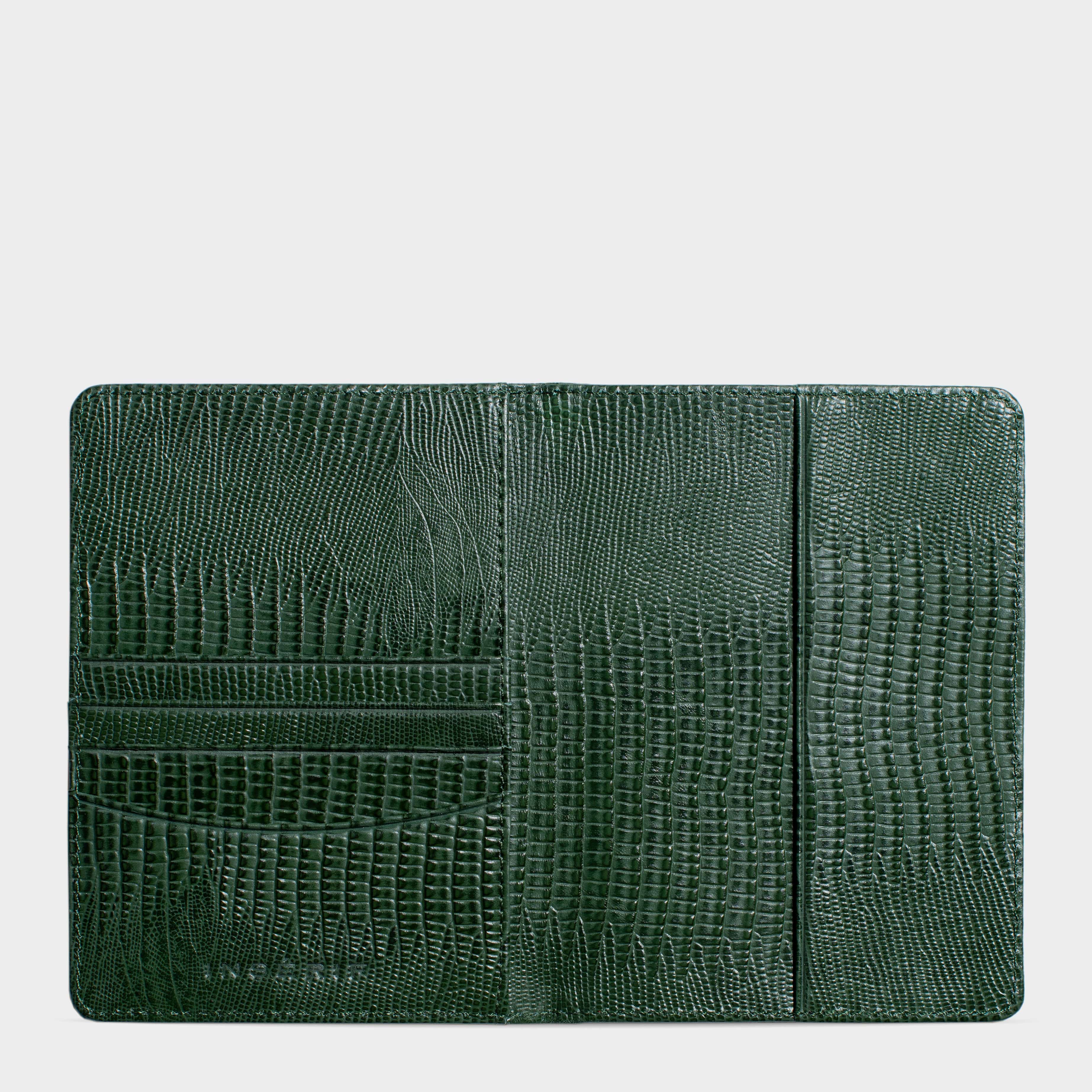 Dark Green Lizard Leather Personalized Passport Holder