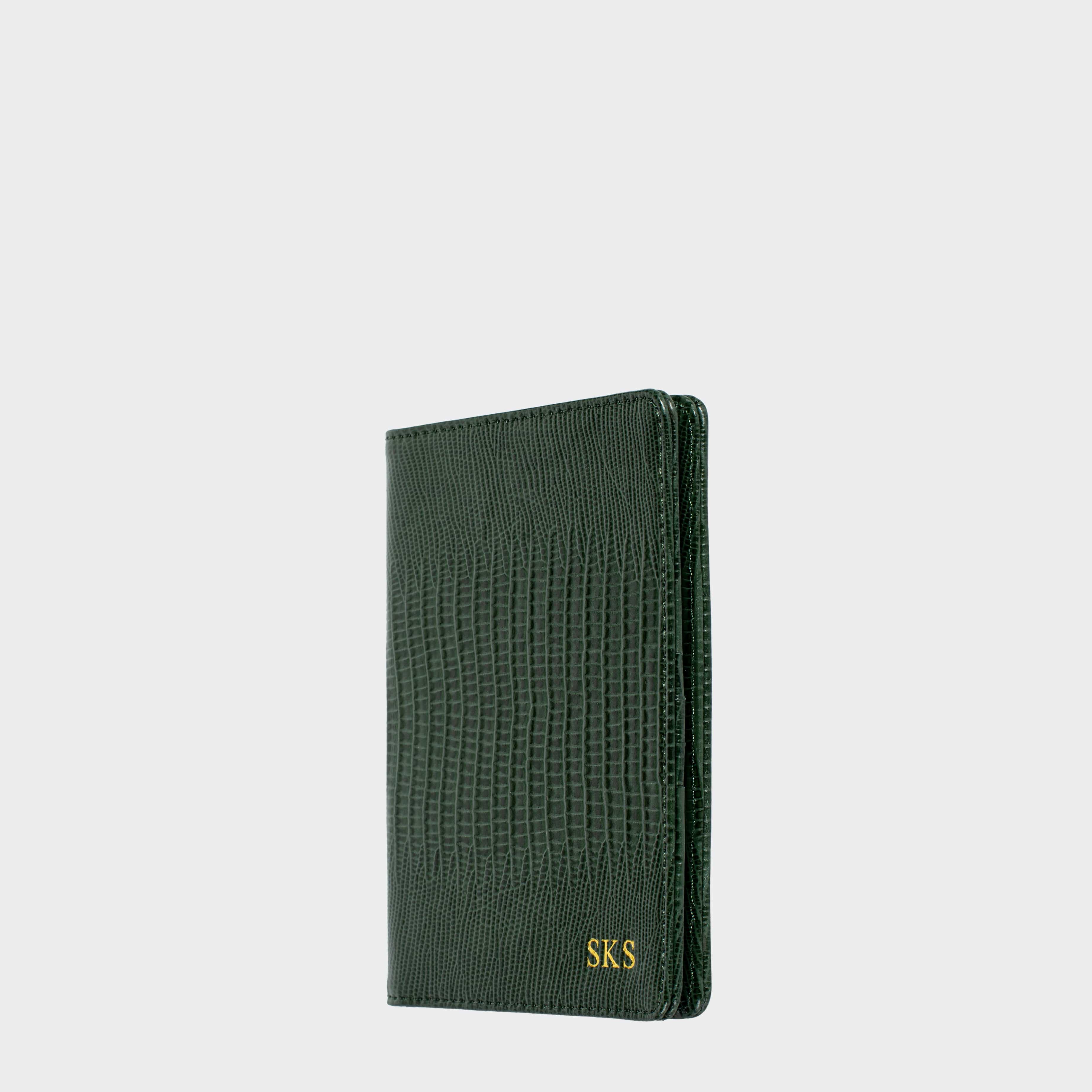 Dark Green Lizard Leather Personalized Passport Holder