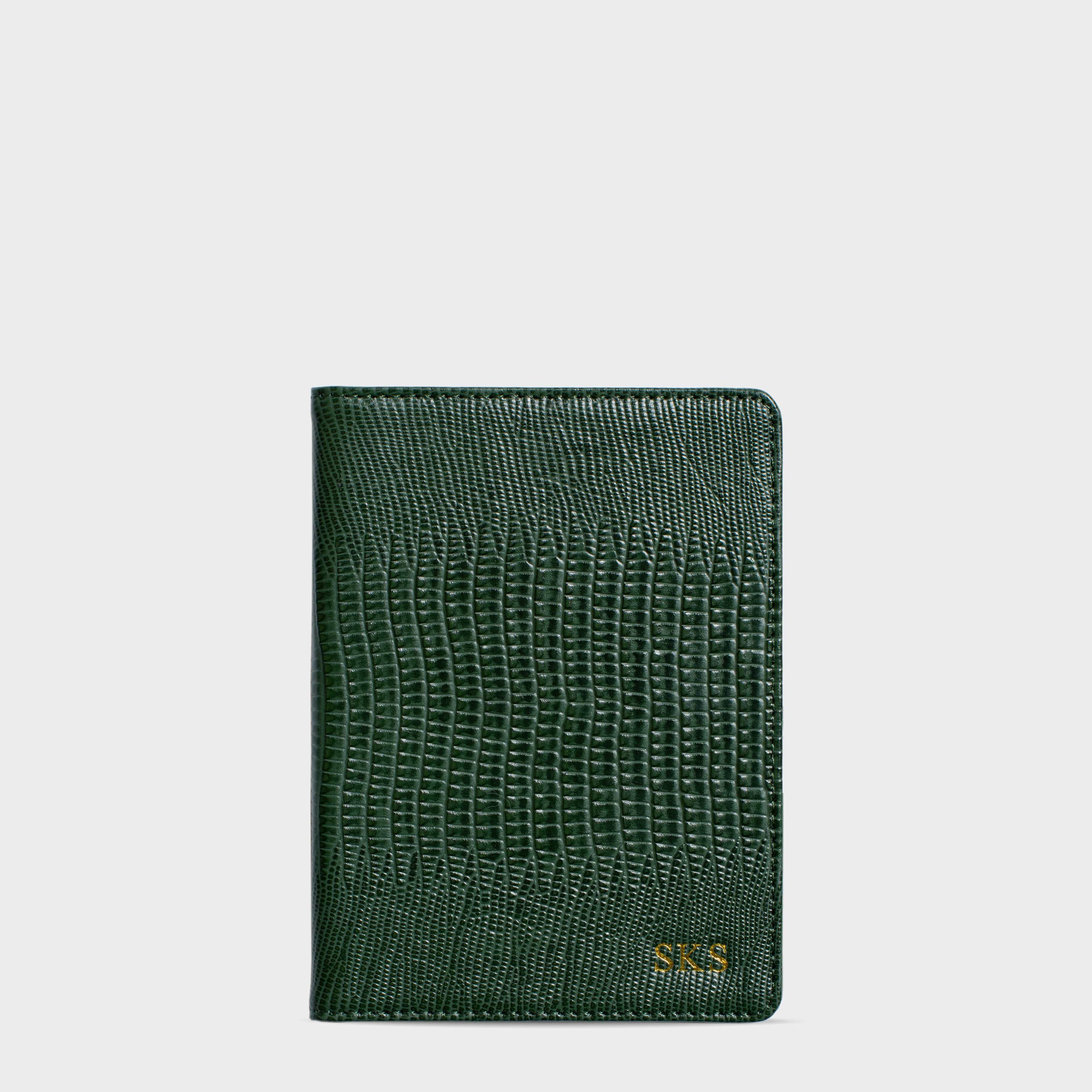 Dark Green Lizard Leather Personalized Passport Holder