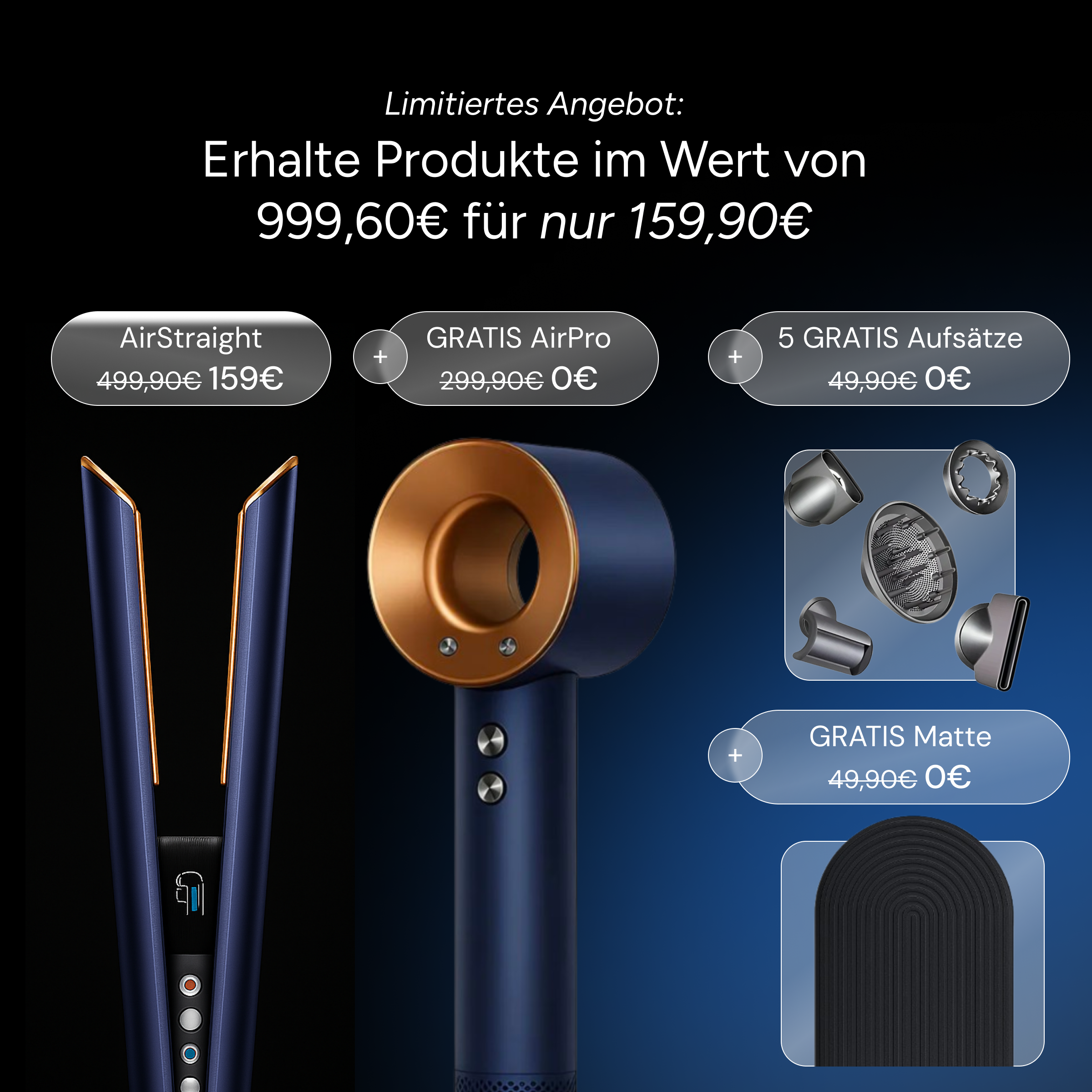 AirStraight Glättungsstyler in Blau mit gratis AirPro Föhn, fünf Stylingaufsätzen und hitzebeständiger Matte im Bundle-Angebot