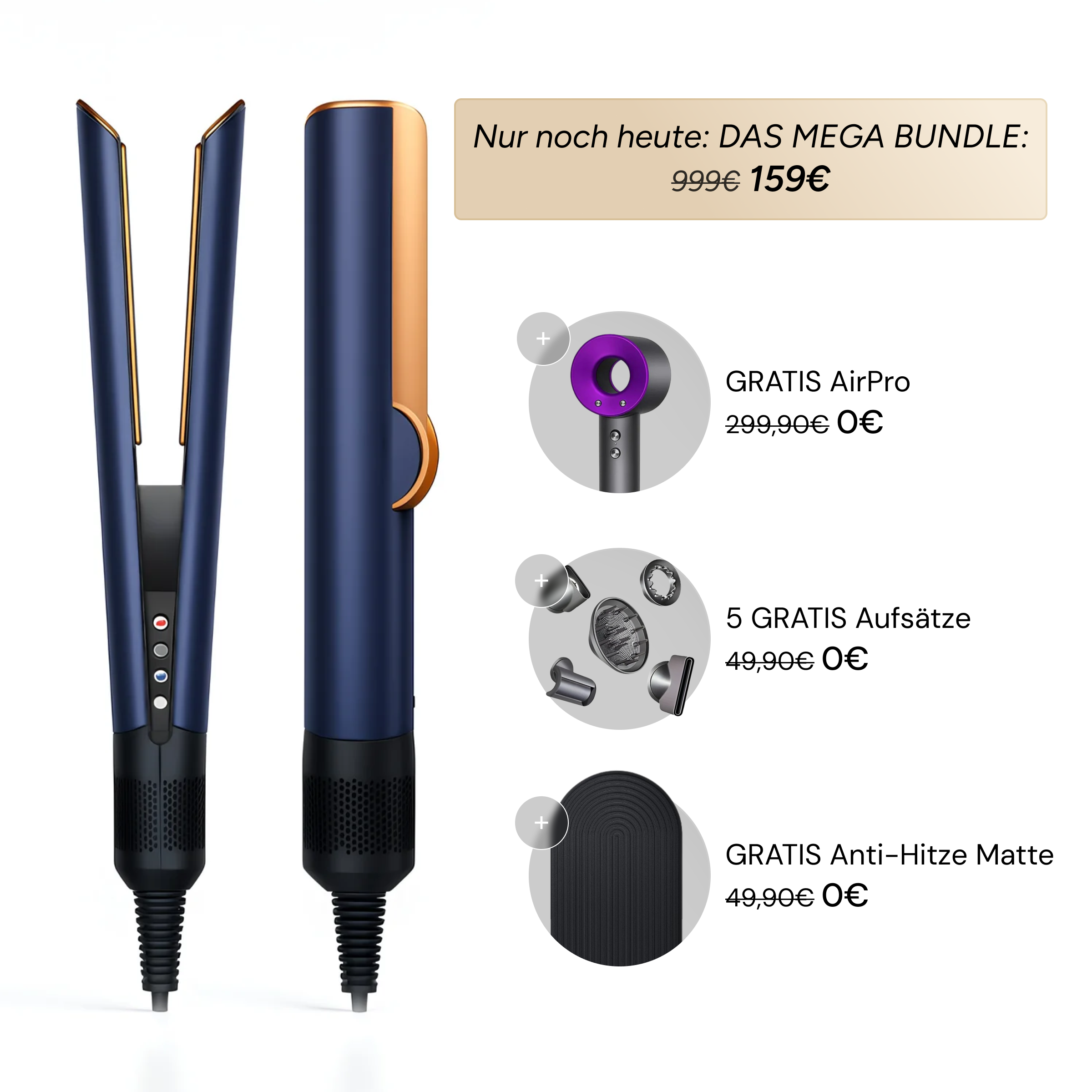 AirStraight Glättungsstyler in Roségold mit AirPro Föhn, violettem Stylingaufsatz und Zubehör-Set