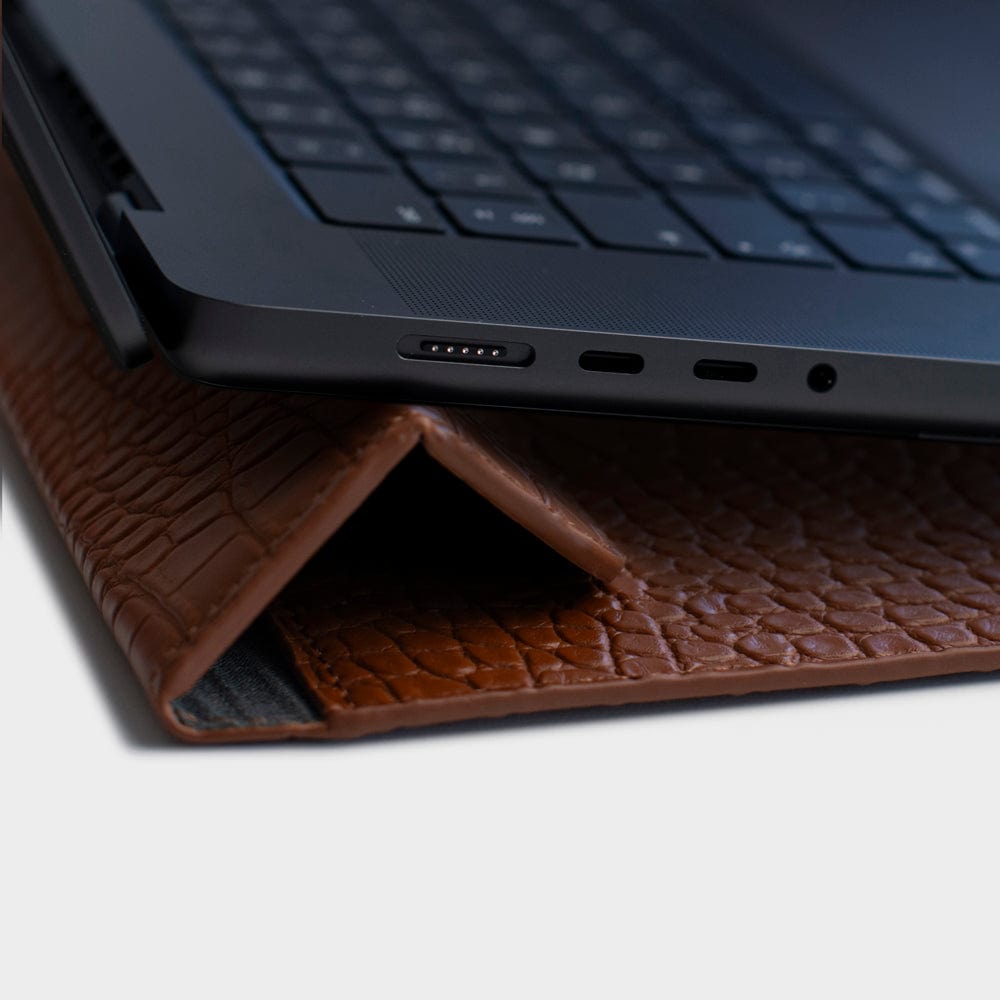 Dark Brown Lizard Texture Personalized Laptop Sleeve with Stand