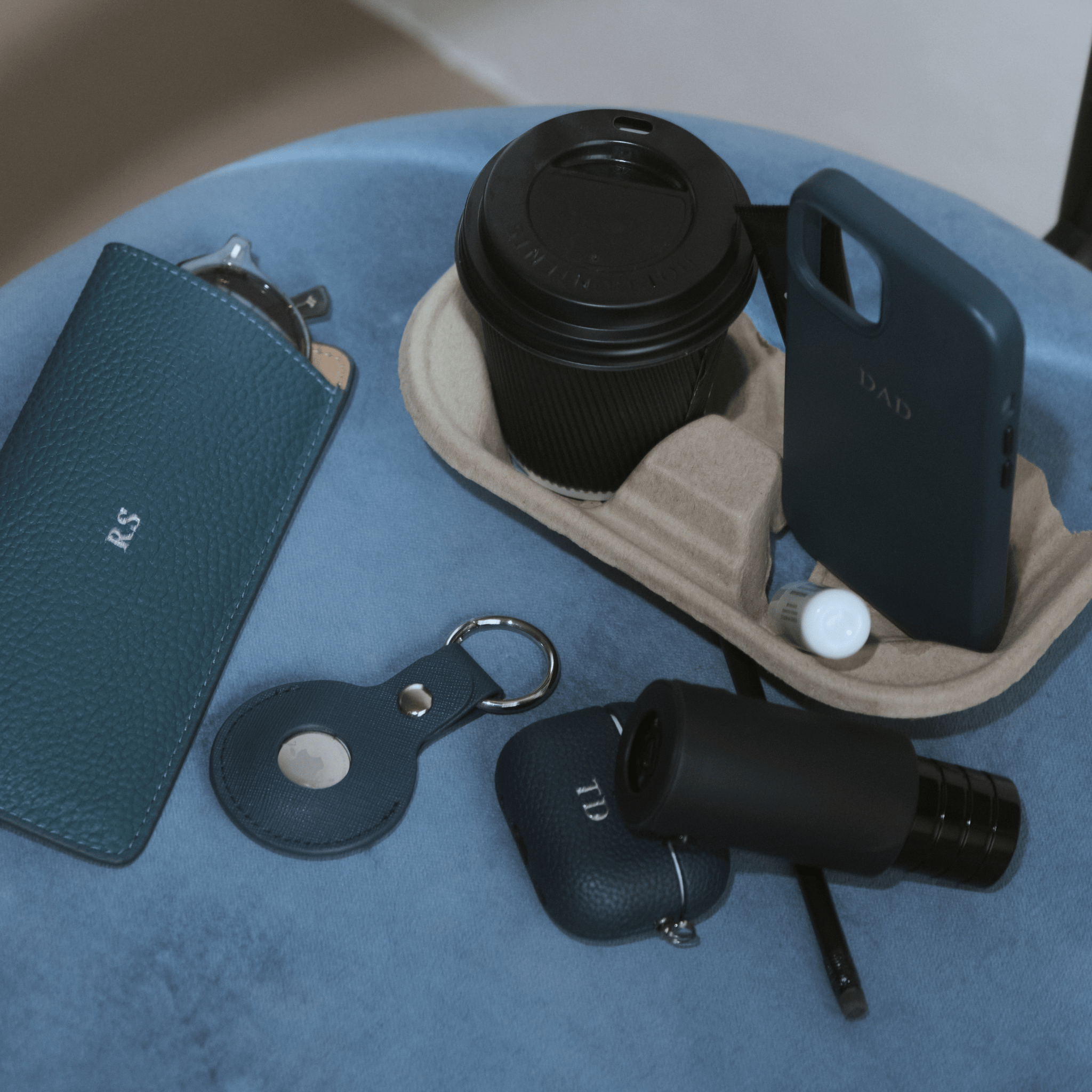 Navy Saffiano Leather Personalized Airtag Keyring